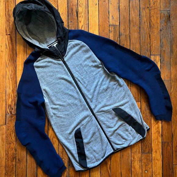 Nike Made in Italy Men's Heather Grey Navy Blue Black Ribbed Elbow Zip Up Hoodie - Picture 1 of 4